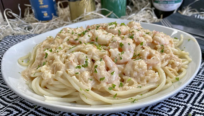 pasta con gambas y leche evaporada